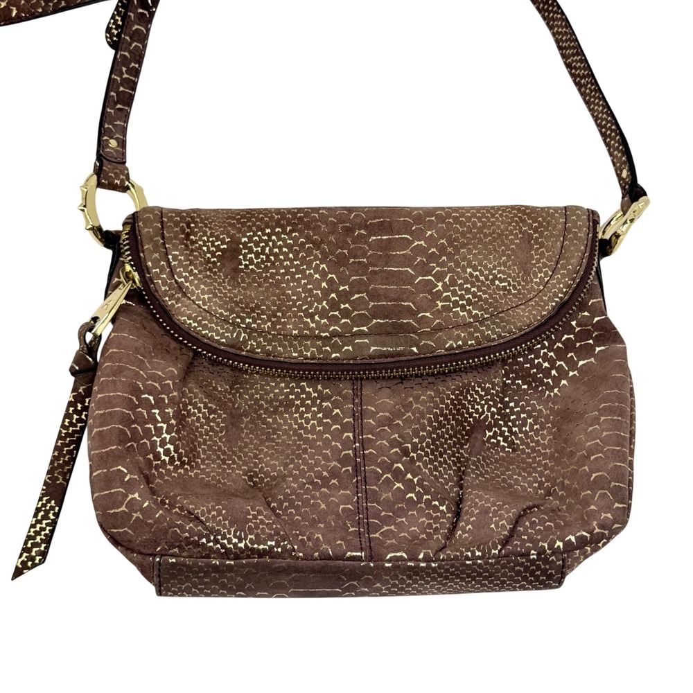 Aimee Kestenberg Crossbody Bag Suede Chocolate Brown Gold Metallic Snakeprint